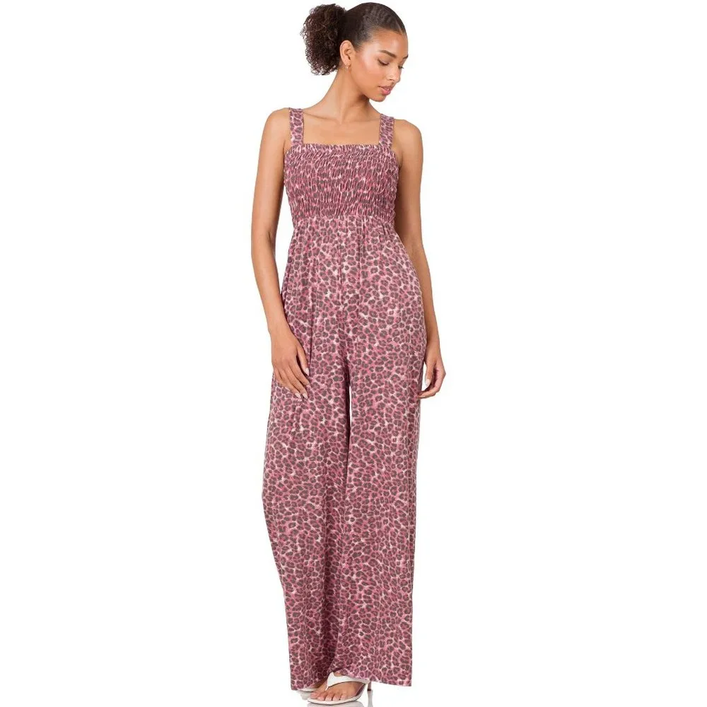 Leopard Smocked Top Wide Leg Jumpsuit With Pockets - Picture 1 of 3
